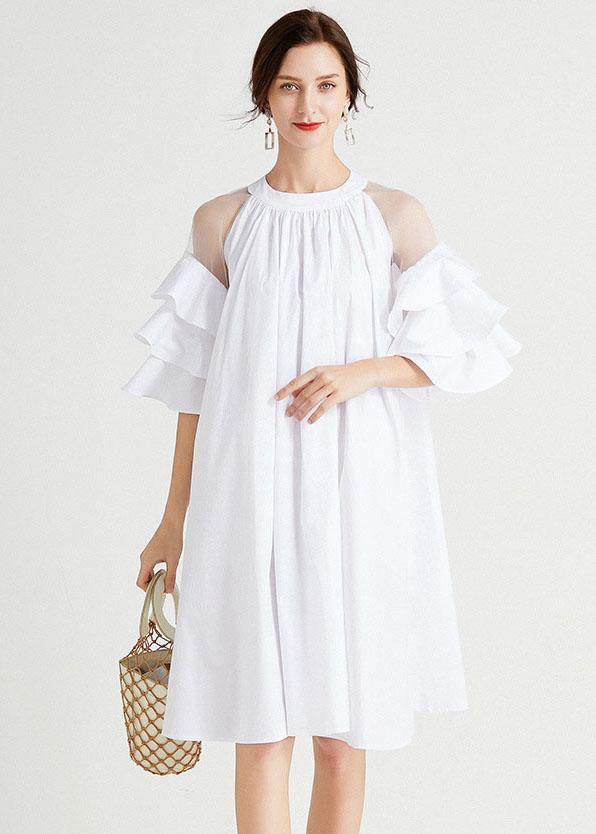 French White Hollow Out Ruffles Summer Cotton Holiday Dress - bagstylebliss