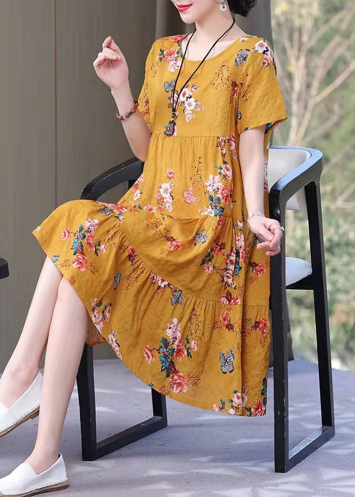 French red print Cotton clothes o neck pockets Art summer Dresses