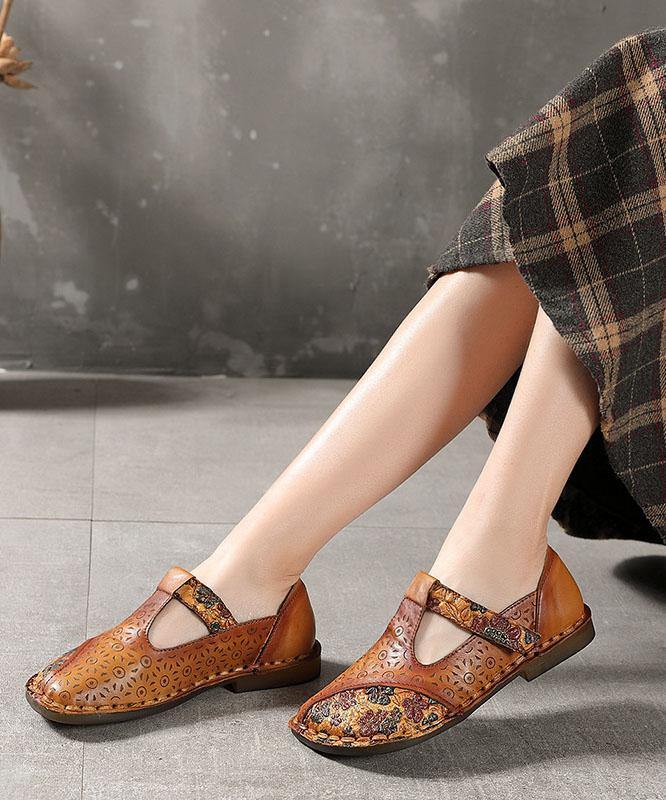 Genuine Leather Brown Flat Shoes Embossed Flats - bagstylebliss