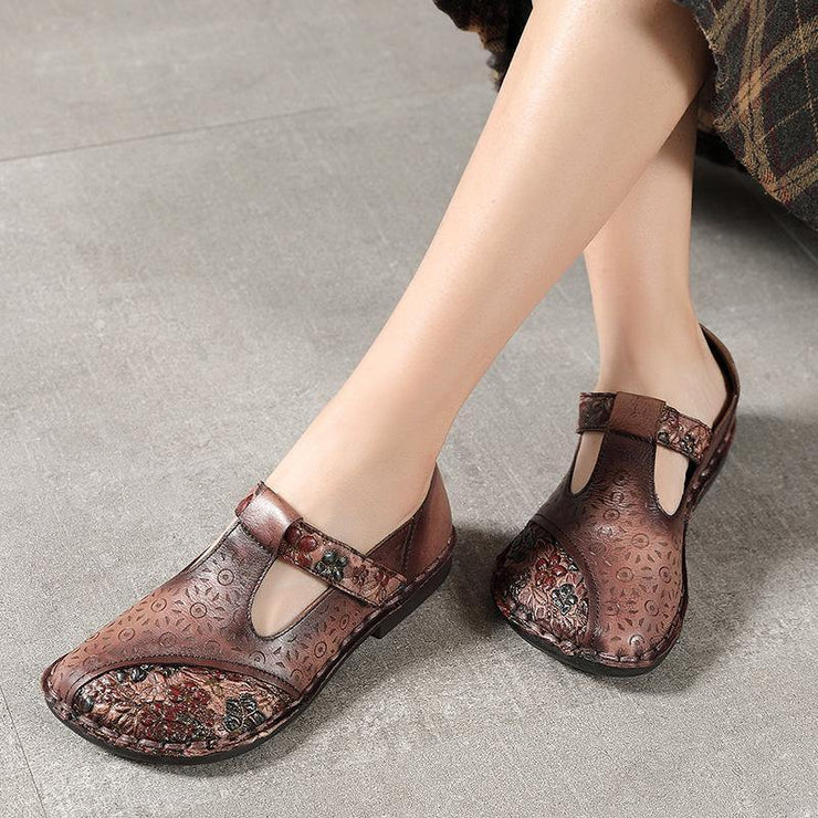 Genuine Leather Brown Flat Shoes Embossed Flats - bagstylebliss