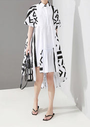 Geometric Printed Woman Summer Stylish White Midi Shirt Dress - bagstylebliss