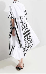 Geometric Printed Woman Summer Stylish White Midi Shirt Dress - bagstylebliss