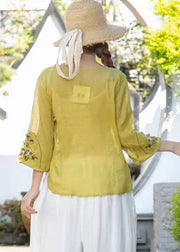 Ginger Loose Linen Tops V-Ausschnitt Dreiviertel-Ärmel