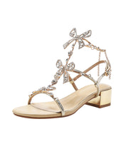 Gold Sandals Chunky Comfortable Splicing Peep Toe Zircon Bow