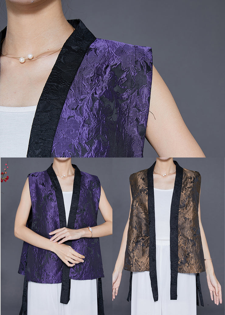 Golden Patchwork Silk Vest V Neck Jacquard Fall