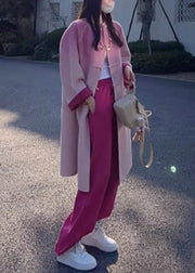 Gradient Color Rose Woolen Coats And Wide Leg Pants Two Pieces Set Fall