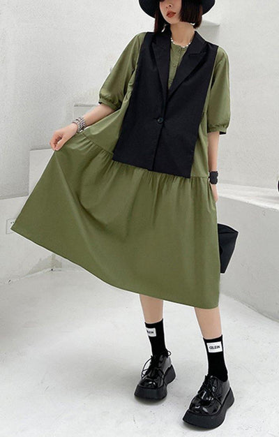 Grass Green Detachable Vest Dress Two Piece Suit - bagstylebliss