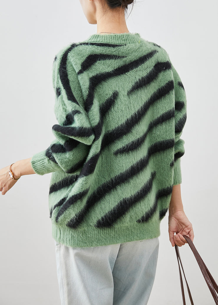 Grass Green Thick Knitted Tops Oversized Zebra Pattern Print Fall