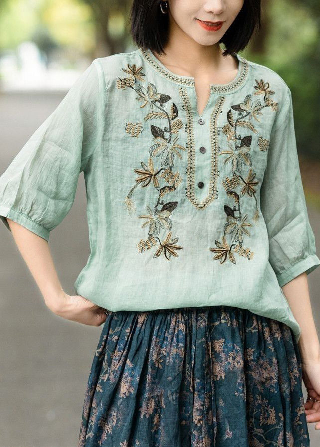 Green Button Patchwork Cotton T Shirt V Neck Half Sleeve