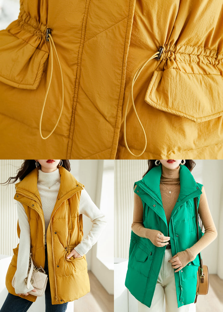 Green Button Pockets Cotton Filled Waistcoat Stand Collar Winter