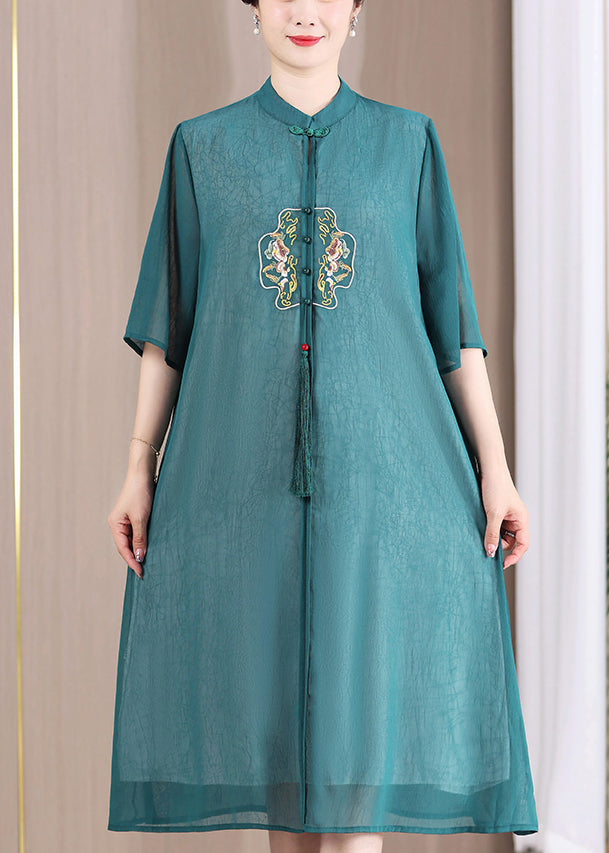 Green Button Tasseled Patchwork Dress Embroidered Half Sleeve