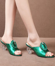 Green Chunky Clear Heels Cowhide Leather Stylish Peep Toe Thong Sandals