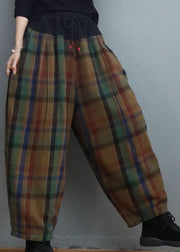 Green Chocolate Plaid Patchwork Fine Cotton Filled Pants Winter