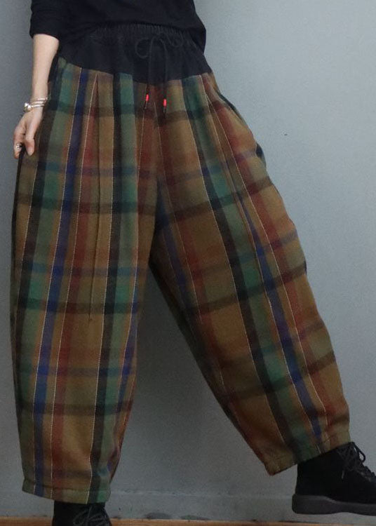 Green Chocolate Plaid Patchwork Fine Cotton Filled Pants Winter