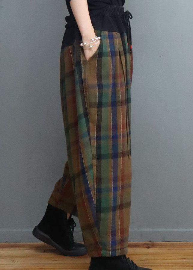 Green Chocolate Plaid Patchwork Fine Cotton Filled Pants Winter