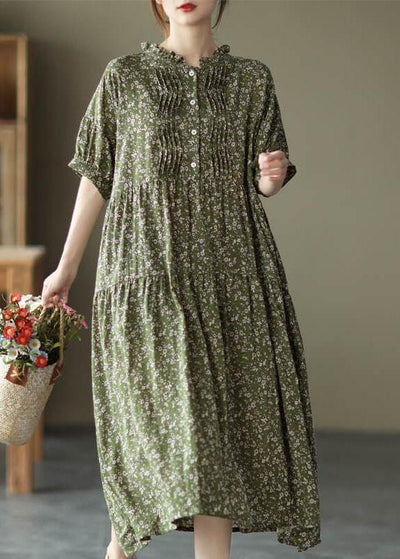 Green Cotton Linen Women Floral Pleated Breasted Short Sleeve Dress - bagstylebliss