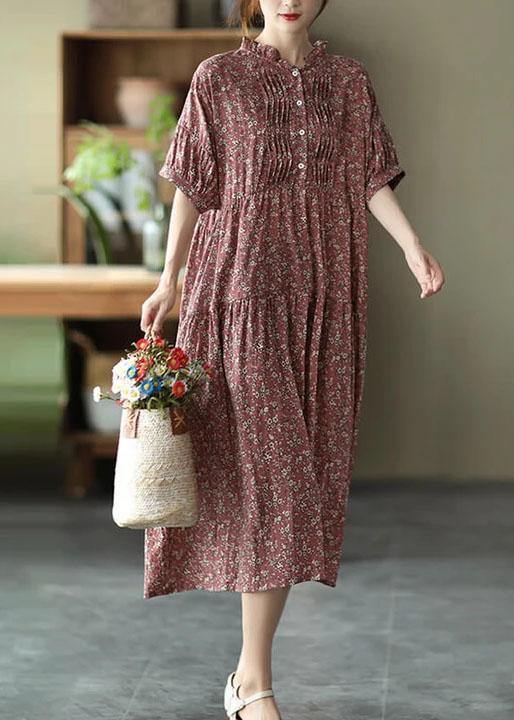 Green Cotton Linen Women Floral Pleated Breasted Short Sleeve Dress - bagstylebliss