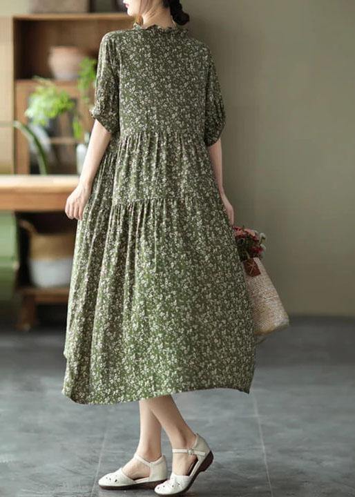 Green Cotton Linen Women Floral Pleated Breasted Short Sleeve Dress - bagstylebliss