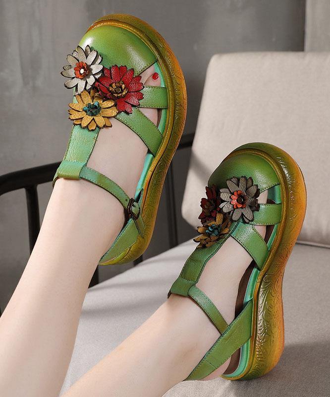 Green Cowhide Leather Buckle Strap Platform Sandals - bagstylebliss