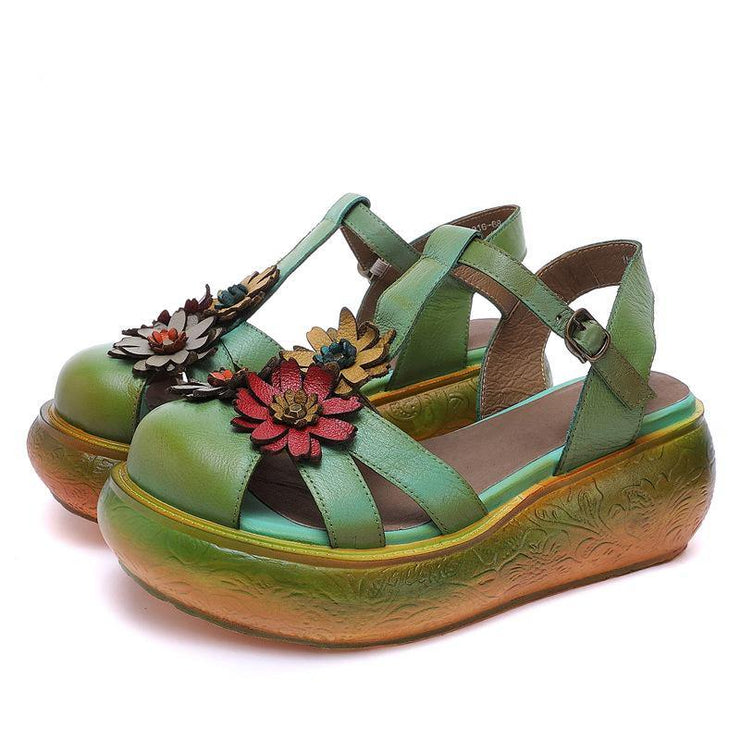 Green Cowhide Leather Buckle Strap Platform Sandals - bagstylebliss