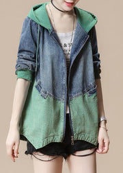 Green Drawstring Pockets Hoodie Denim Coat Long Sleeve