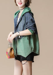 Green Drawstring Pockets Hoodie Denim Coat Long Sleeve