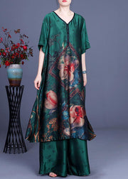 Green Elegant Print Patchwork Summer Silk long shirts + Wide Leg Two Pieces Set - bagstylebliss