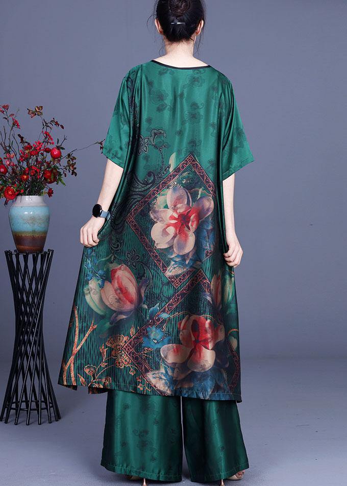 Green Elegant Print Patchwork Summer Silk long shirts + Wide Leg Two Pieces Set - bagstylebliss
