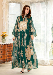 Green Embroidered Floral Sequins Tulle Long Dress Fall