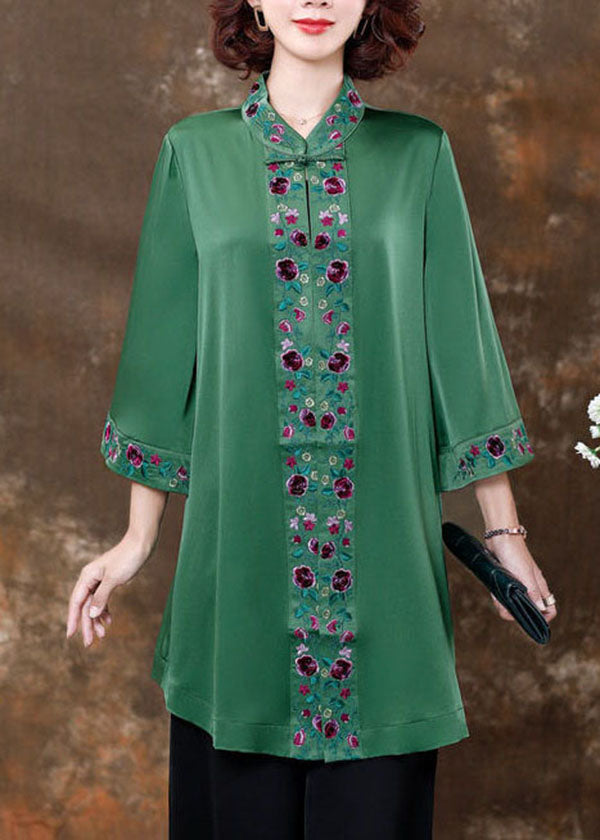 Green Embroidered Patchwork Silk Shirts Spring