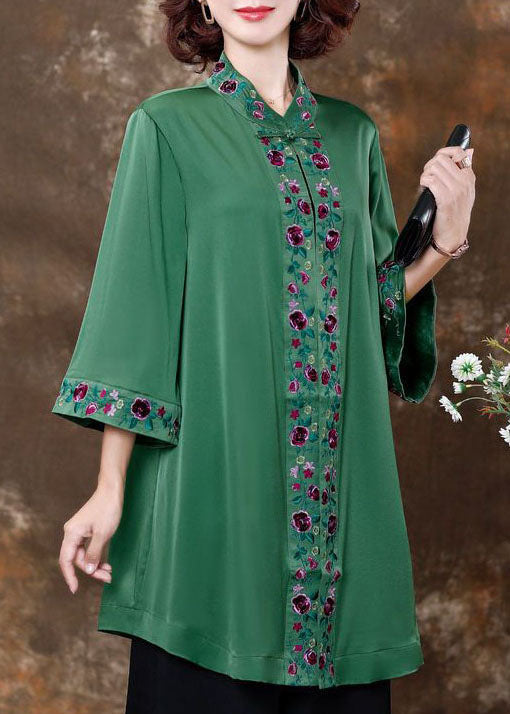 Green Embroidered Patchwork Silk Shirts Spring