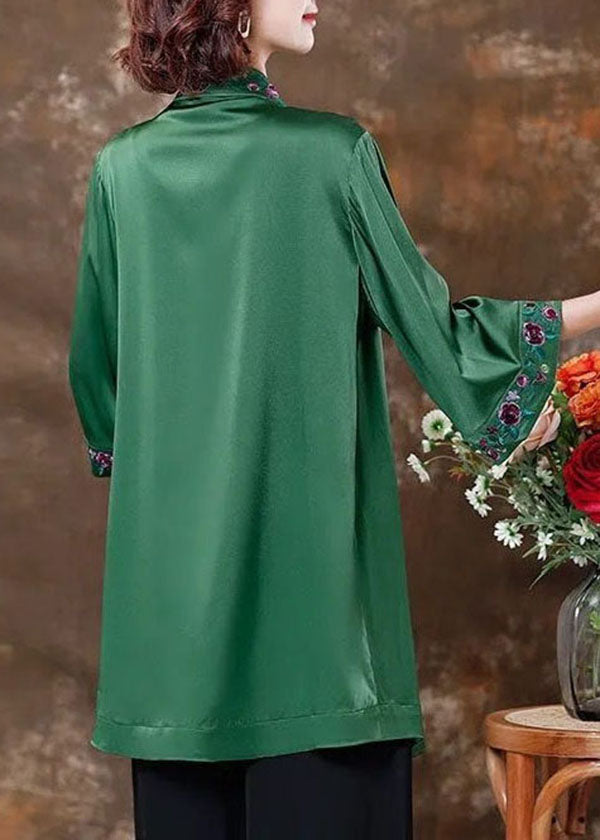 Green Embroidered Patchwork Silk Shirts Spring