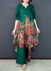 Green Floral Silk Dress And Wide Leg Pants Two Pieces Set Low High Design Spring