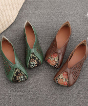 Green Hollow Out Cowhide Leather Flat Shoes For Women Splicing Flats