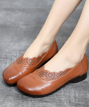 Green Hollow Out Flat Shoes Cowhide Leather Elegant Splicing Flats