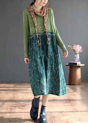 Green Lace Up Patchwork Knitting Dress O Neck Long Sleeve