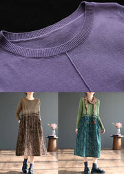 Green Lace Up Patchwork Knitting Dress O Neck Long Sleeve