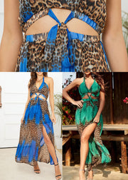 Green Leopard Print Chiffon Beach Spaghetti Strap Dress Side Open Summer