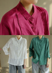 Green Linen Blouse Tops button asymmetrical design Long Sleeve