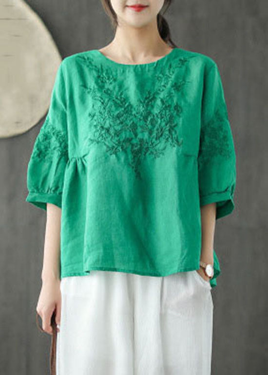 Green Loose Blouse Tops wrinkled Half Sleeve