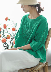 Green Loose Blouse Tops wrinkled Half Sleeve