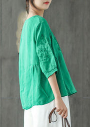 Green Loose Blouse Tops wrinkled Half Sleeve