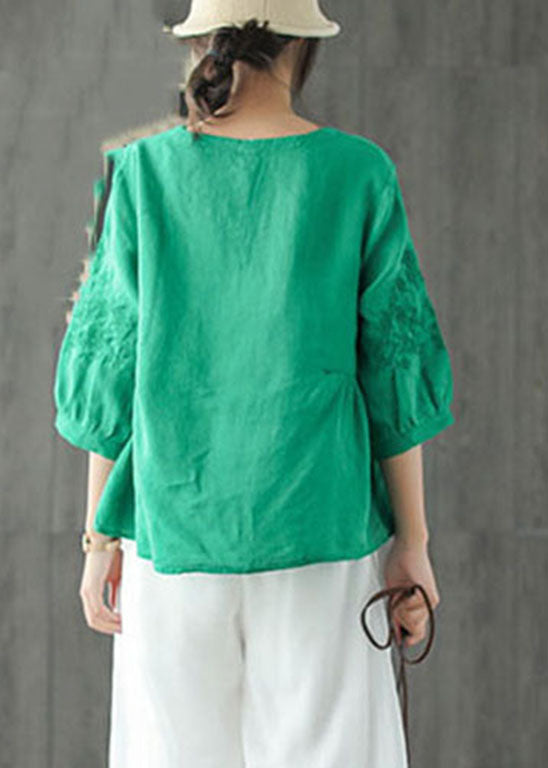 Green Loose Blouse Tops wrinkled Half Sleeve