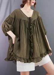 Green Loose Cotton Shirt Tops V Neck Ruffled Lantern Sleeve