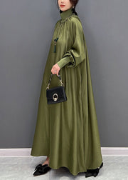 Green Loose Silk A Line Dresses High Neck Draping Spring