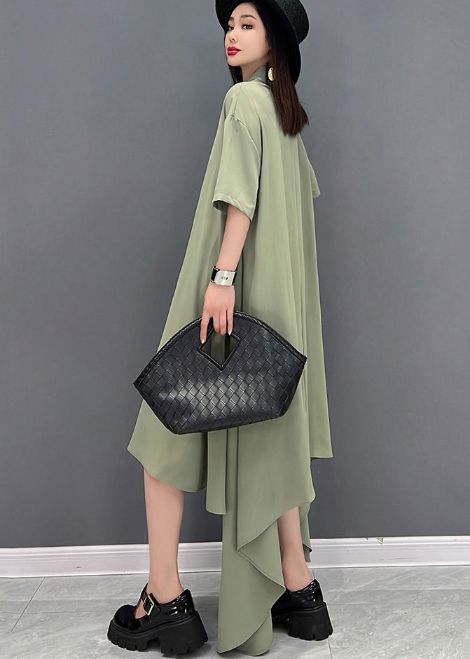 Green Low High Design Chiffon Shirt Dresses Stand Collar Short Sleeve