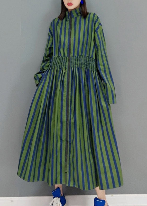 Green Maxi Dresses Stand Collar Cinched Spring