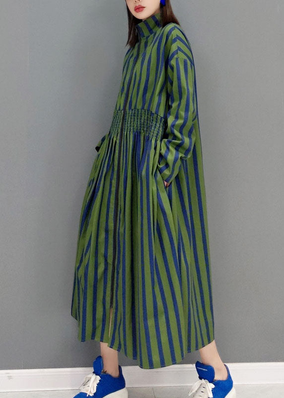 Green Maxi Dresses Stand Collar Cinched Spring