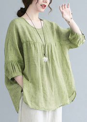 Green O-Neck Patchwork Wrinkled Top Half Sleeve