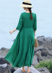 Green Original Layered Long Dress Tie Waist Three Quarter sleeve